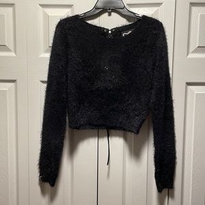 Killstar Crop Fuzzy Long Sleeve Black Sweater with Lace Up Back